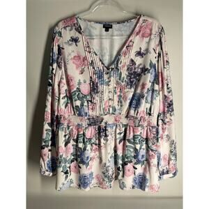 Torrid Floral Pintuck Smocked Waist Long Sleeve Blouse Size 2X